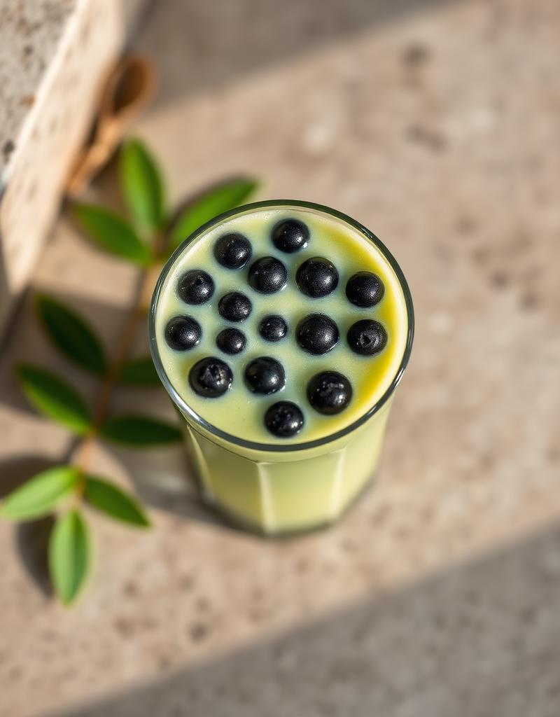 Matcha milk tea with dark boba pearls in a tall glass