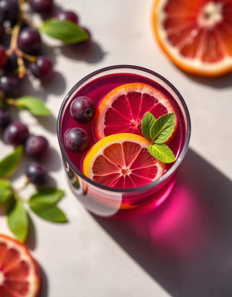 Vibrant purple osmanthus oolong with grapes and citrus slices